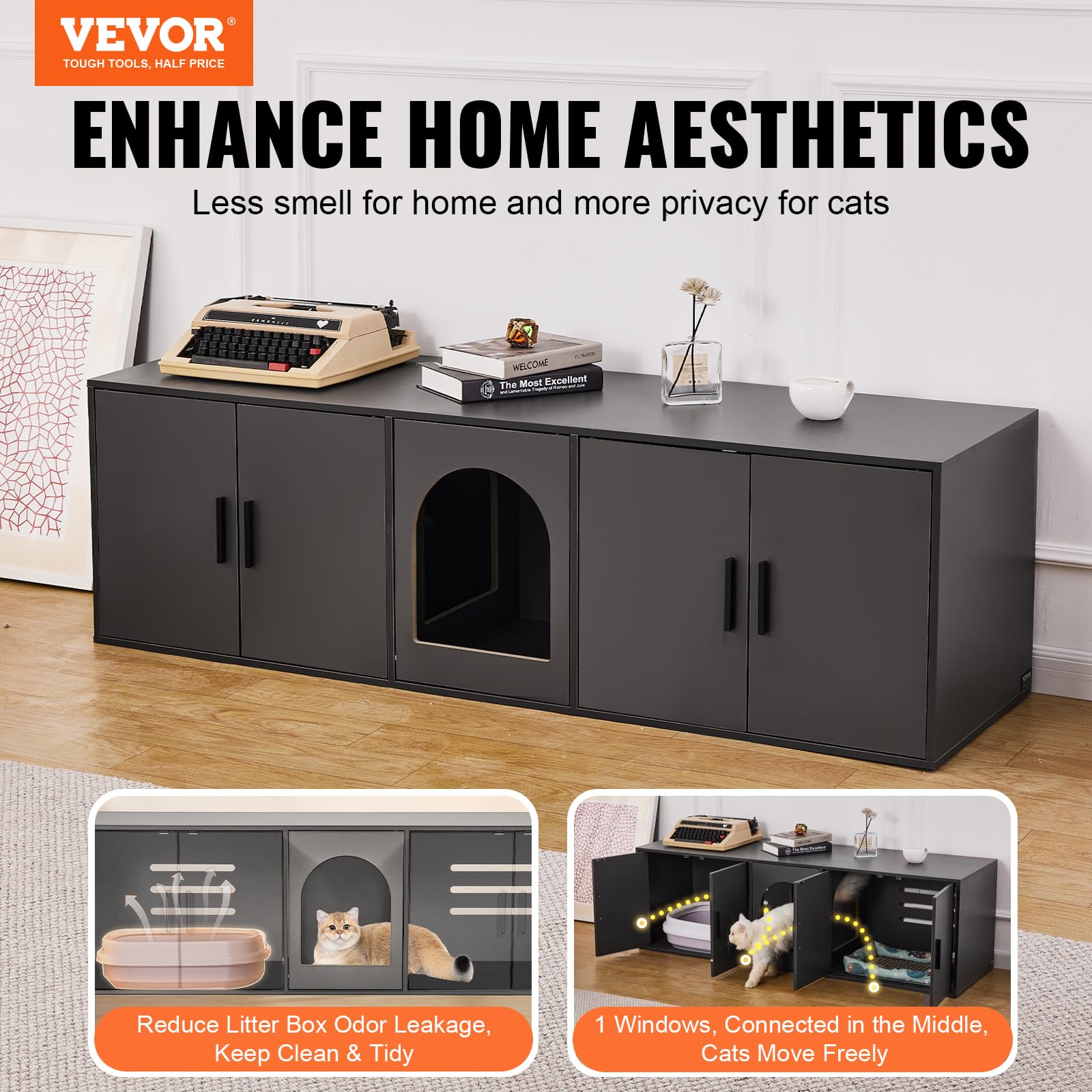 VEVOR Cat Litter Box Enclosure for 2 Cats, Litter Box Furniture Hidden with Double Rooms, Wooden Cat Box Cabinet Fit Most of Lit